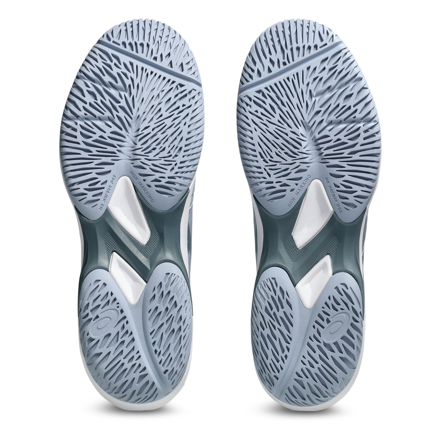 Close-up of a pair of gray tennis shoes with tread pattern on a white background