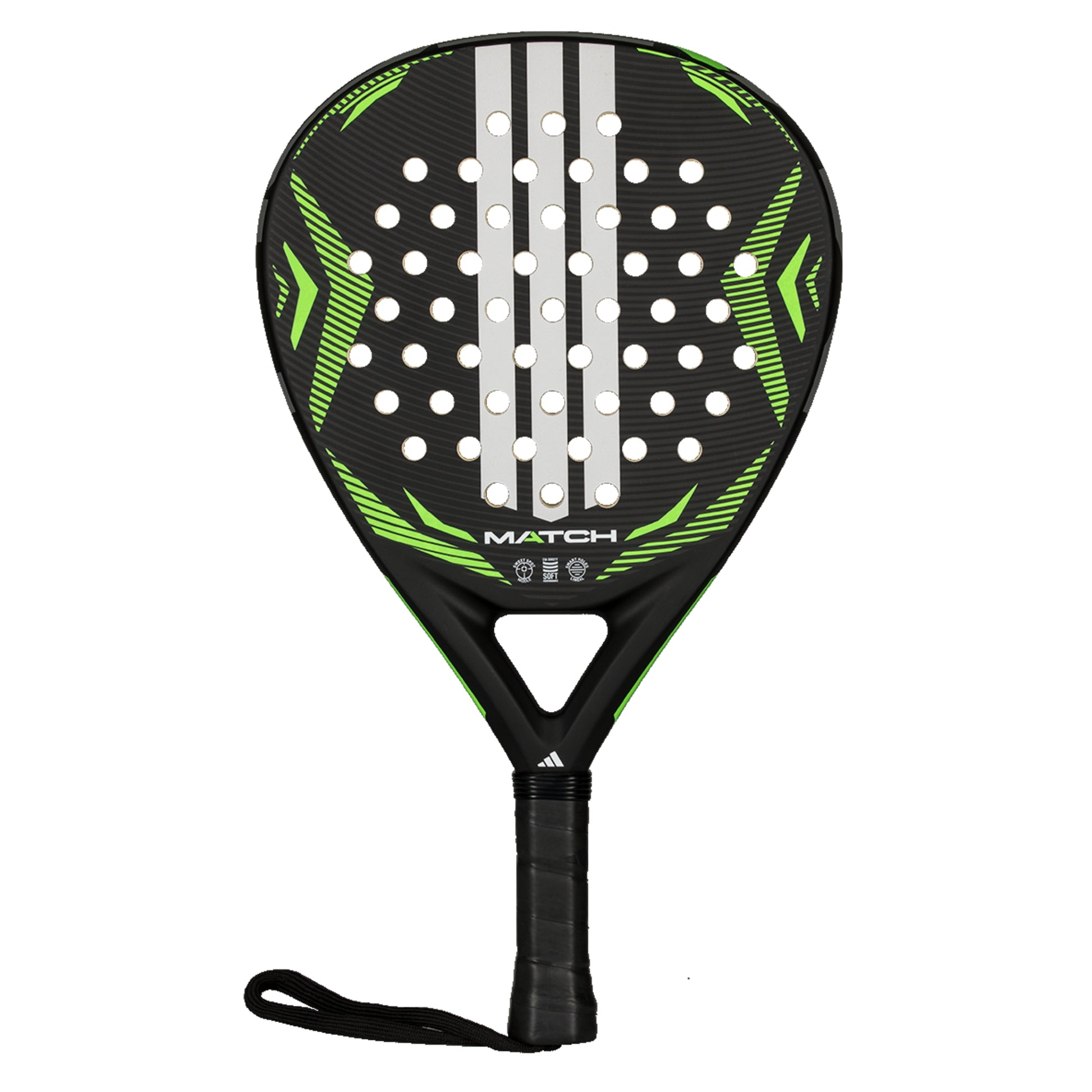 Padel racket with green and black design on a white background