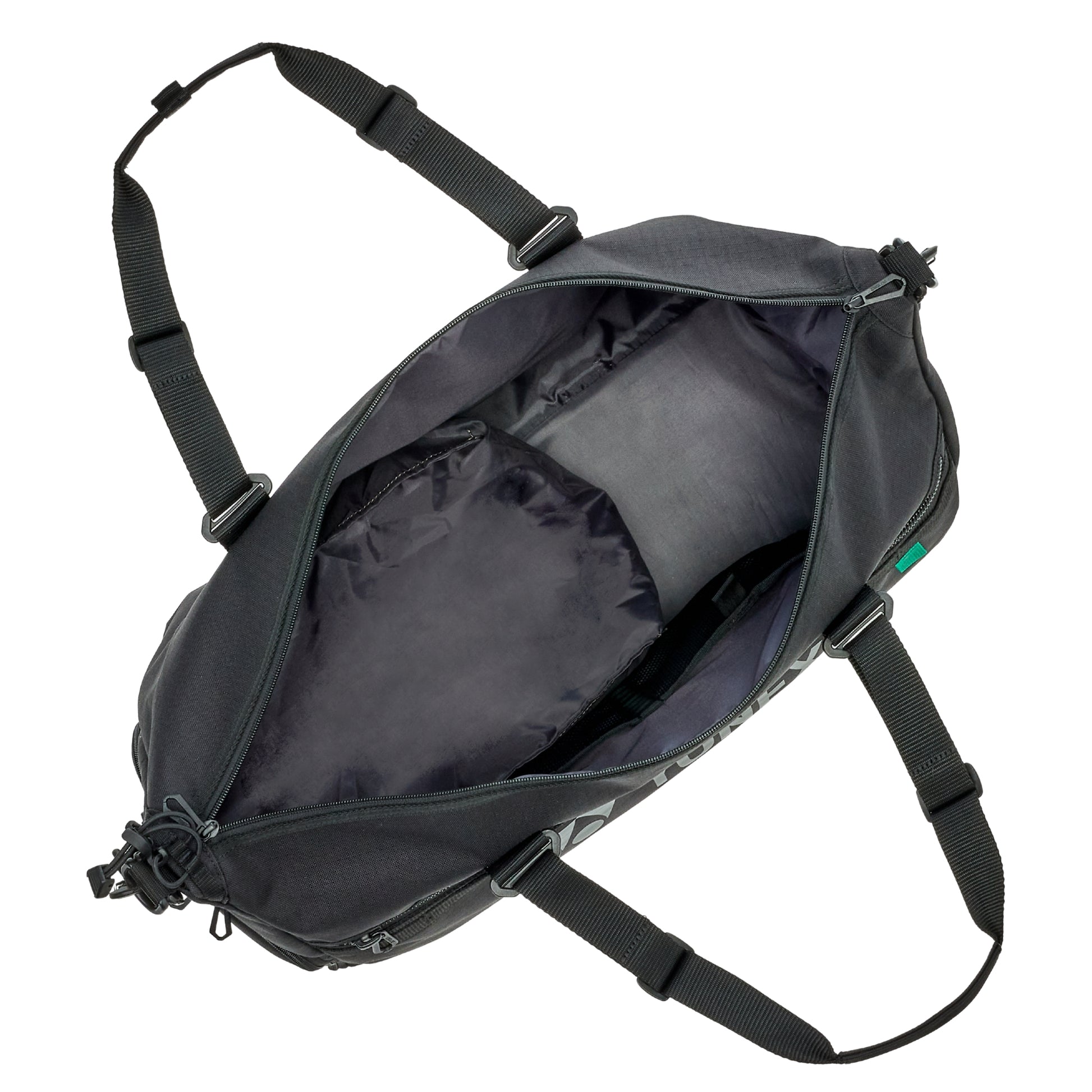 Black bag with multiple straps on a white background
