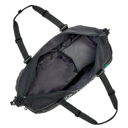 Black bag with multiple straps on a white background