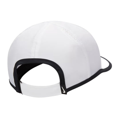 White cap with black accents on a white background