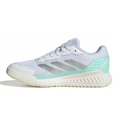 A white Adidas padel shoe with metallic silver stripes, a mint green heel accent, and a white midsole, shown from a side profile on a white background.