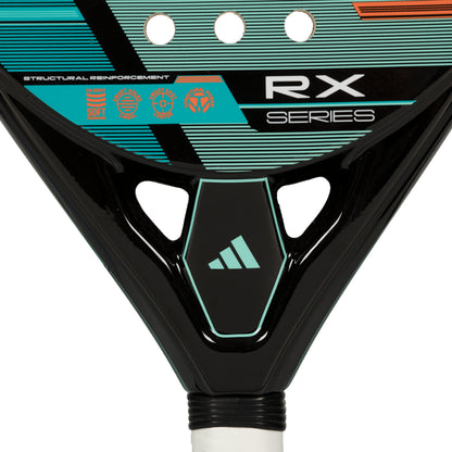 Close-up of an Adidas RX Series paddle with branding and design details.