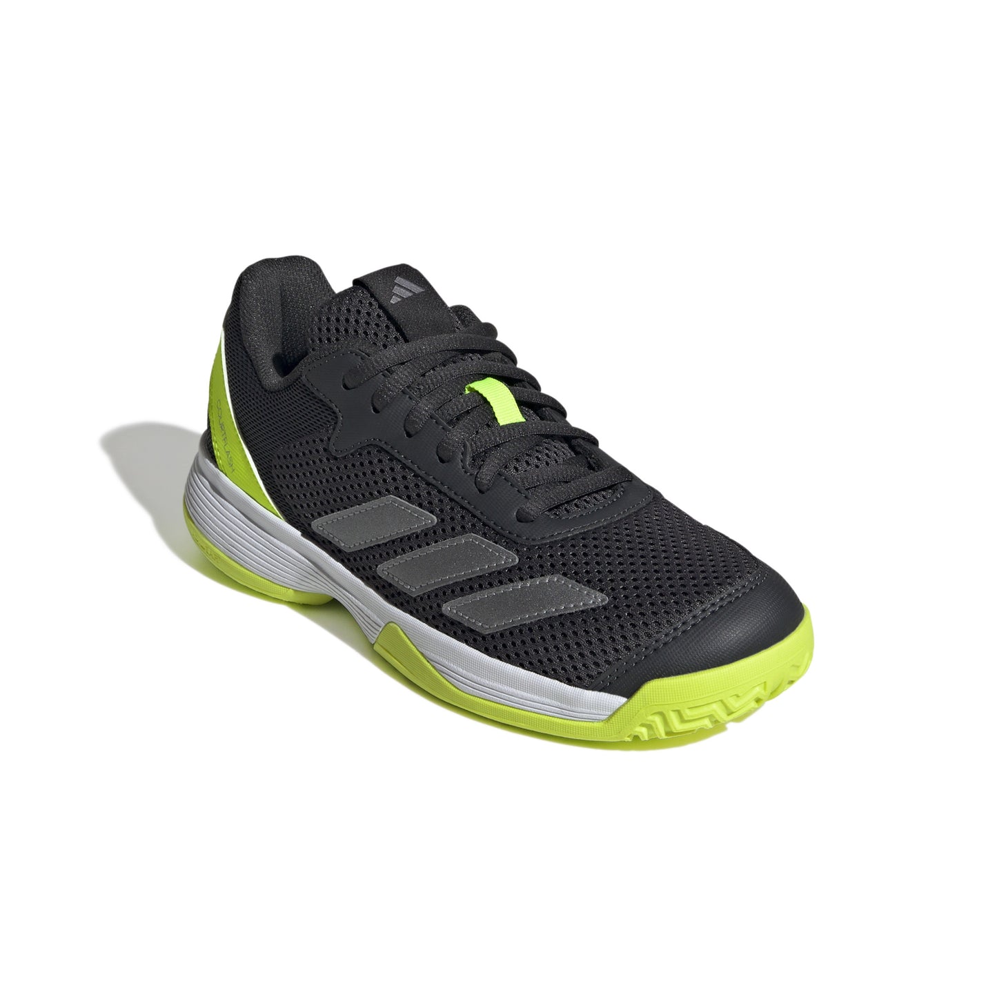 Black and green tennis shoe with Adidas logo on a white background