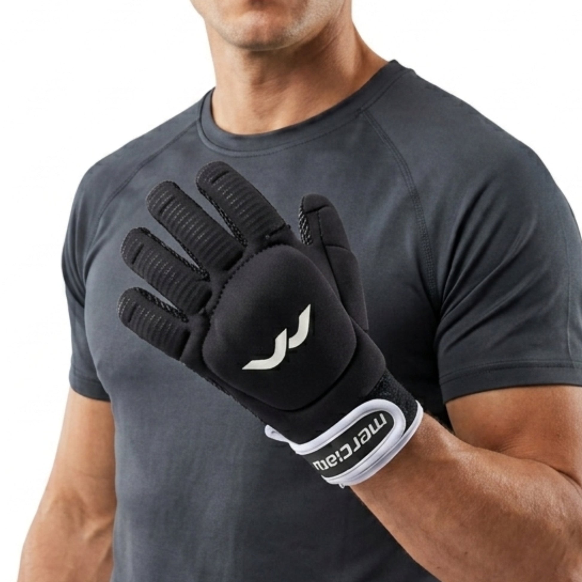 Person wearing a black glove with a visible brand logo on a white background