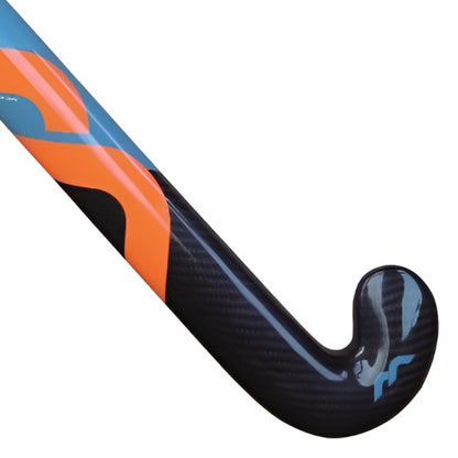 Hockey stick with blue and orange design on a white background