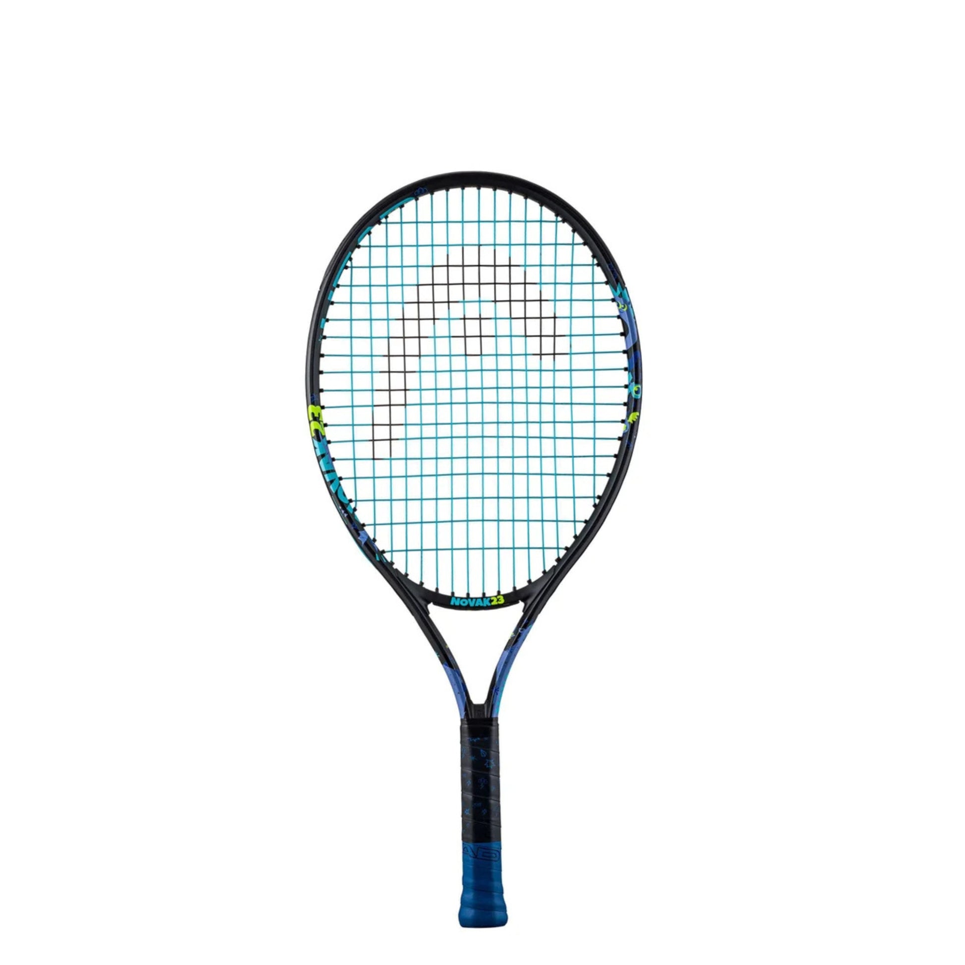 Head tennis racket with blue and black design on a white background