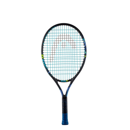 Head tennis racket with blue and black design on a white background