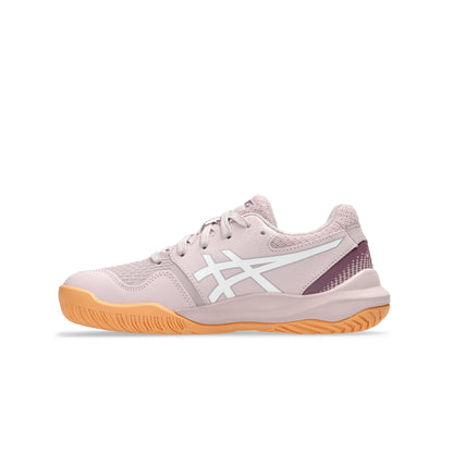 Pink Asics tennis shoe with white logo on a white background