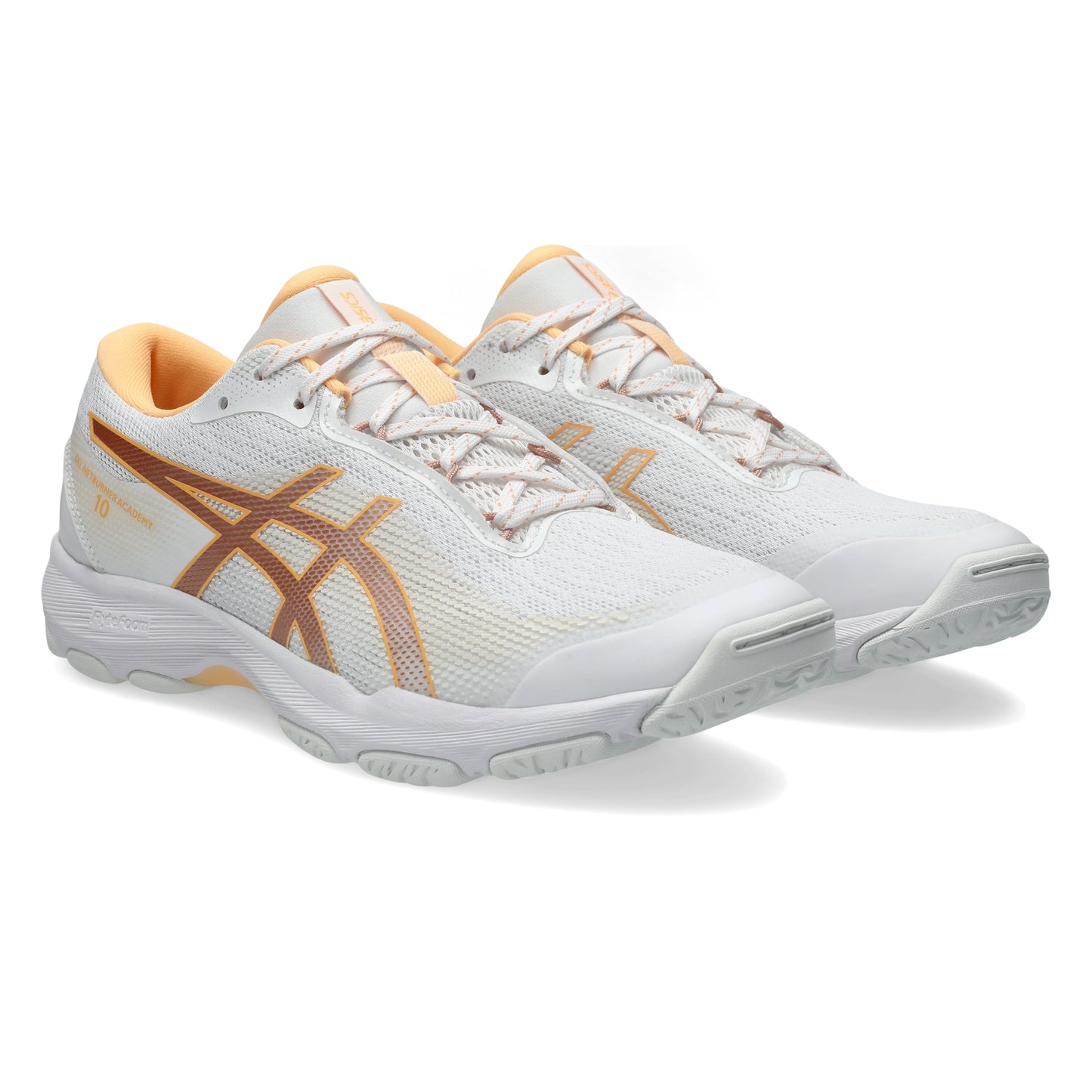 A pair of Asics netball shoes in white with orange accents, including the signature side stripe and lining, shown on a clean white background.