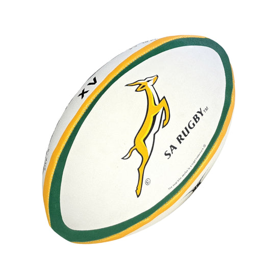 White rugby ball with green and yellow trim featuring SA Rugby logo on a white background
