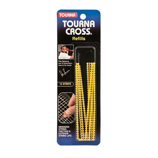 Packaged Tourna Cross refills with yellow strings on a white background