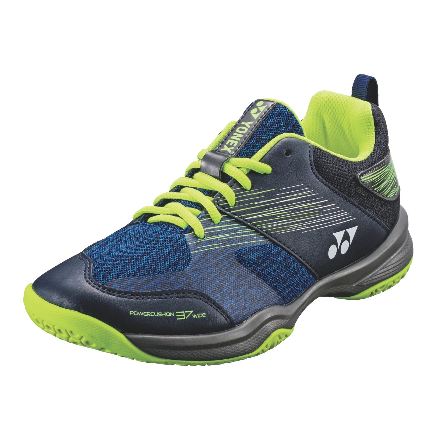 Blue and green athletic shoe on a white background
