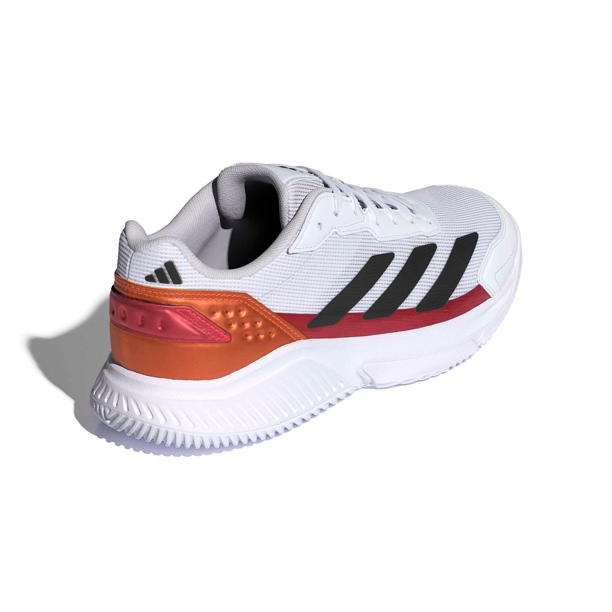 White padel shoe with black stripes and orange and red accents on a white background