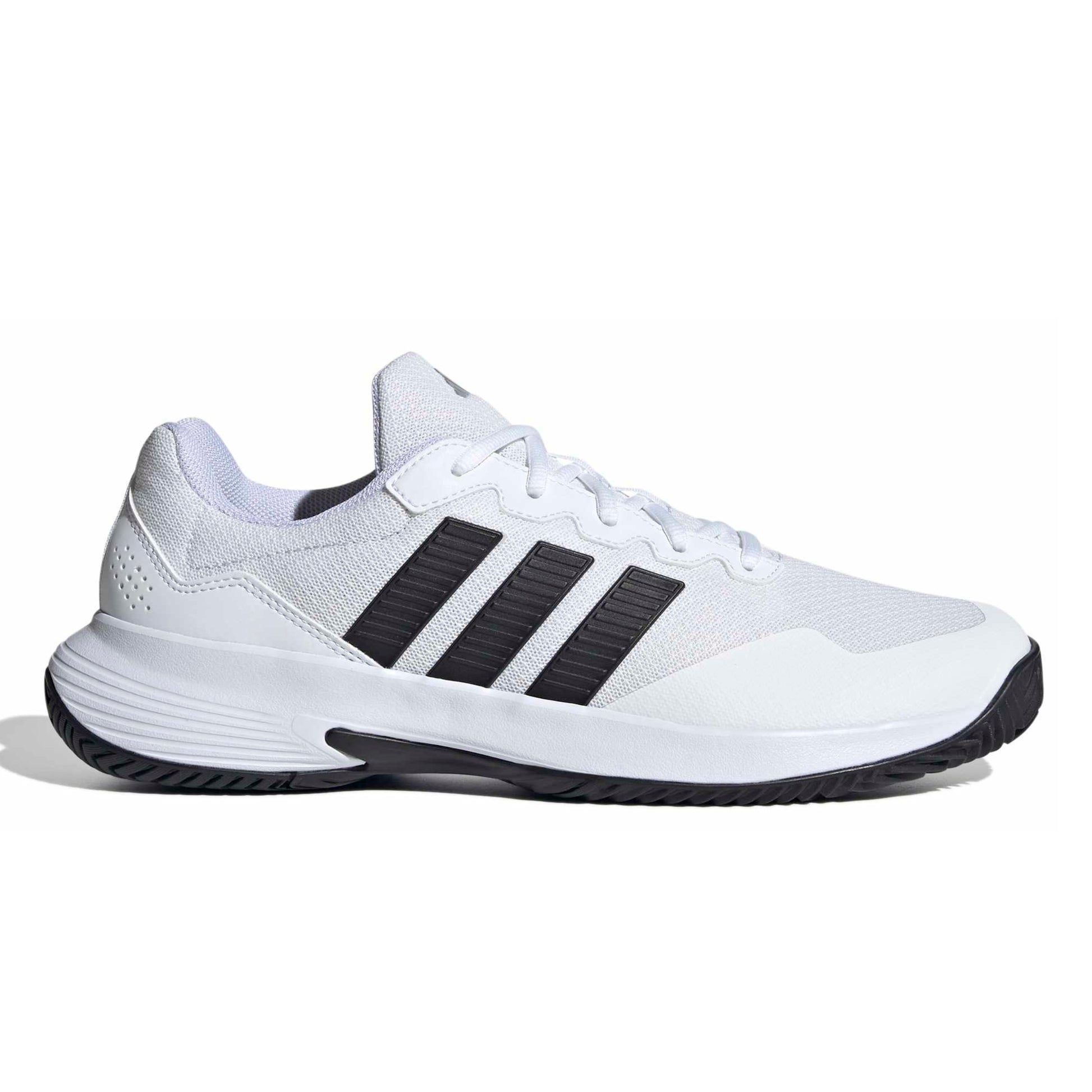 White and black tennis shoe with black stripes on a white background