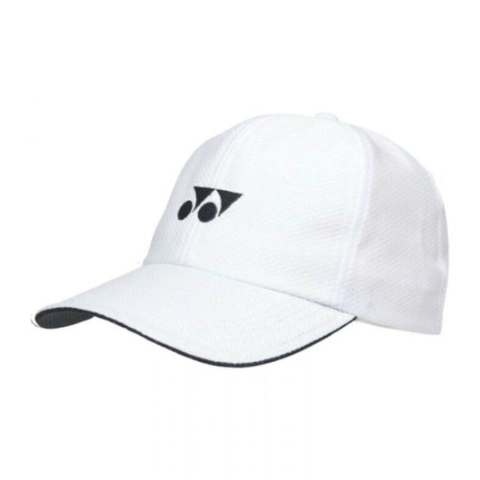 White cap with a black logo on a white background