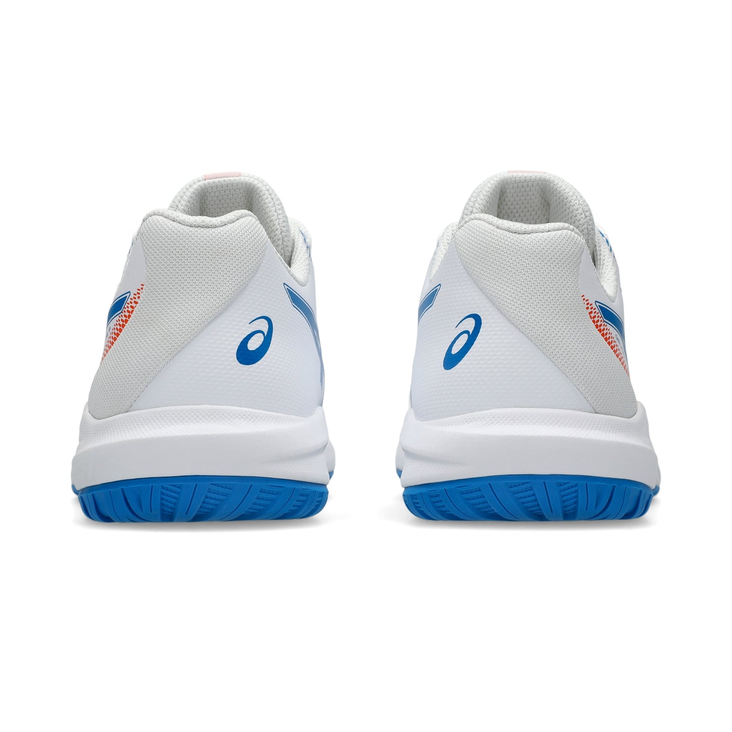 A pair of white Asics tennis shoes shown from the rear, featuring blue logos and a blue outsole, with subtle orange accents on the heel.