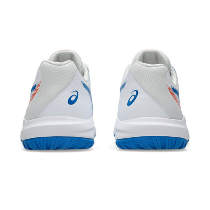 A pair of white Asics tennis shoes shown from the rear, featuring blue logos and a blue outsole, with subtle orange accents on the heel.