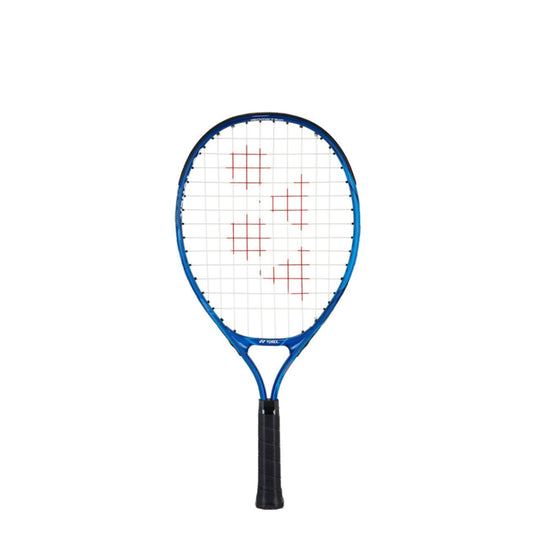 Yonex Tennis racket with blue frame and white strings on a white background