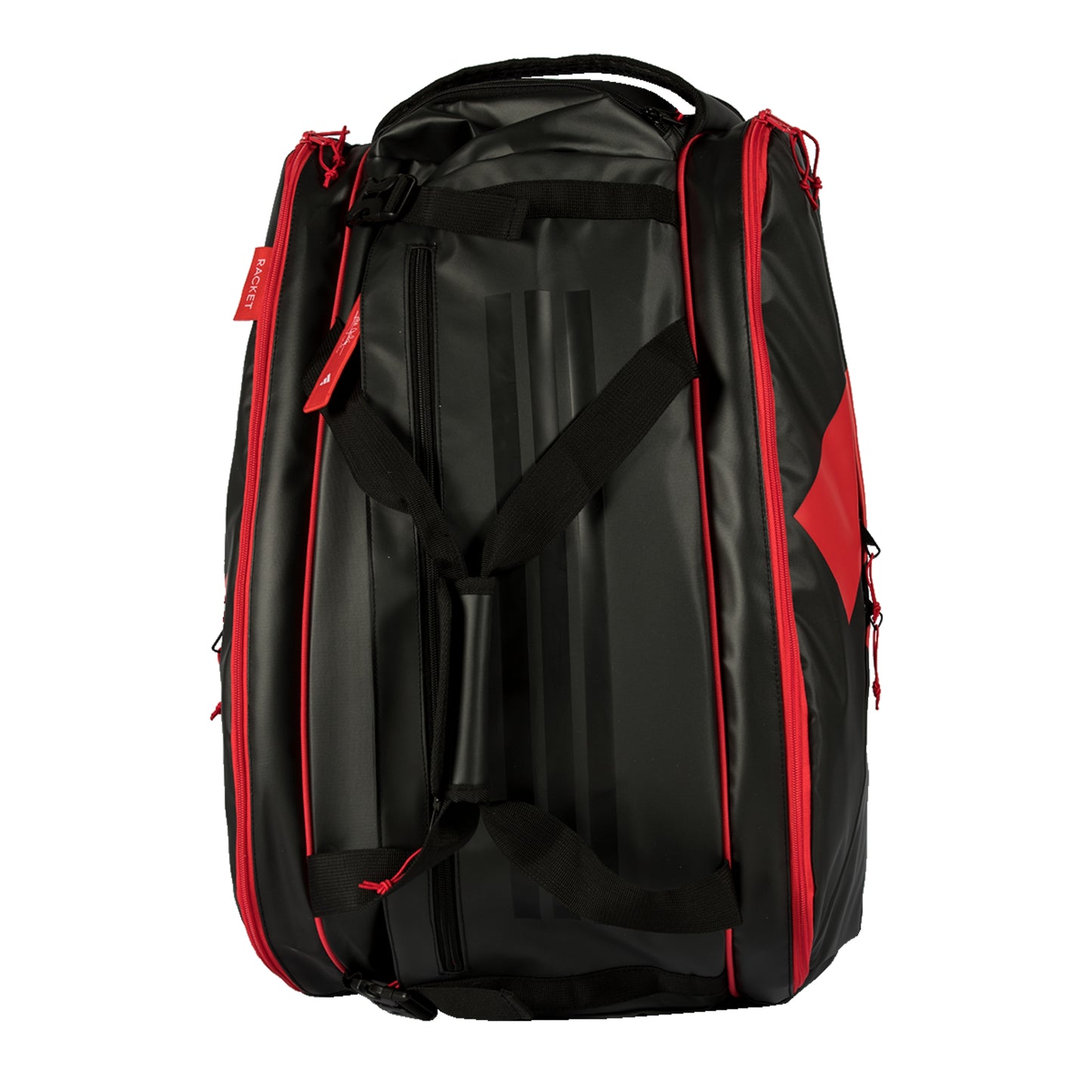 Black and red padel bag with visible brand logo on a white background