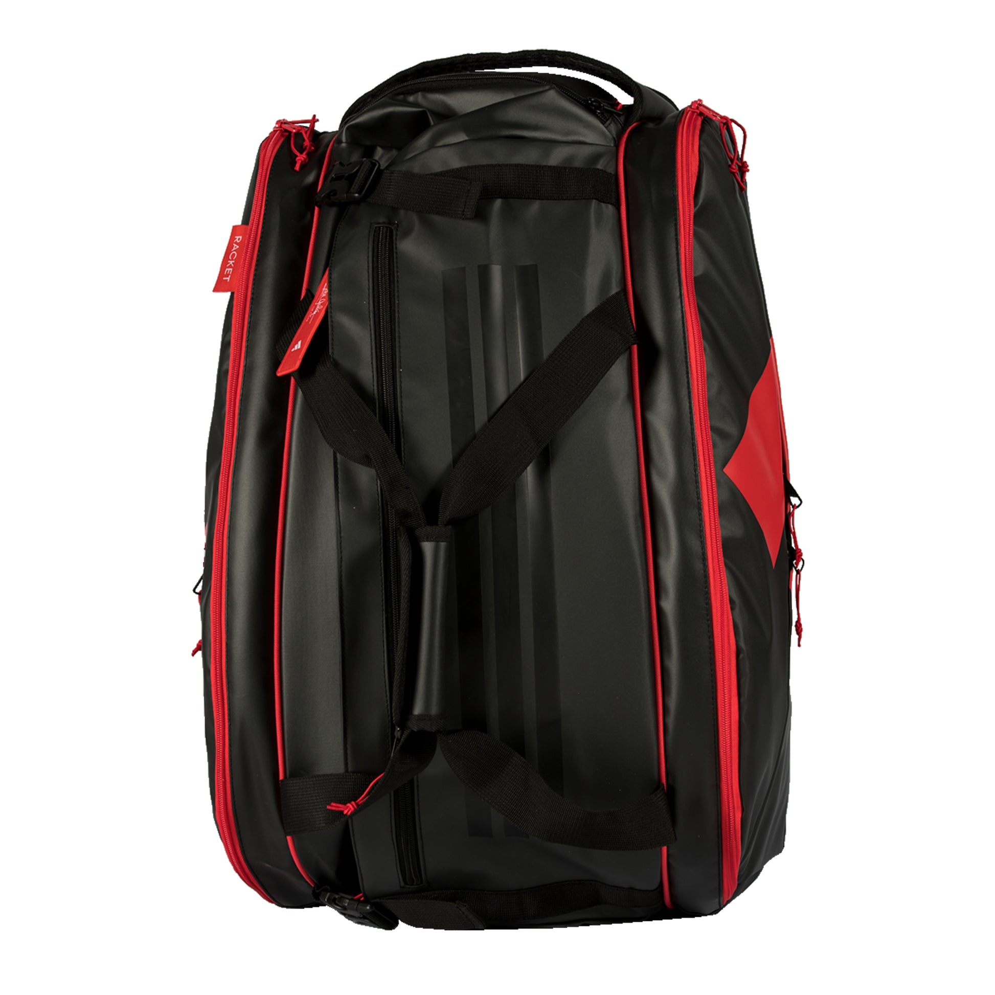 Black and red padel bag with visible brand logo on a white background