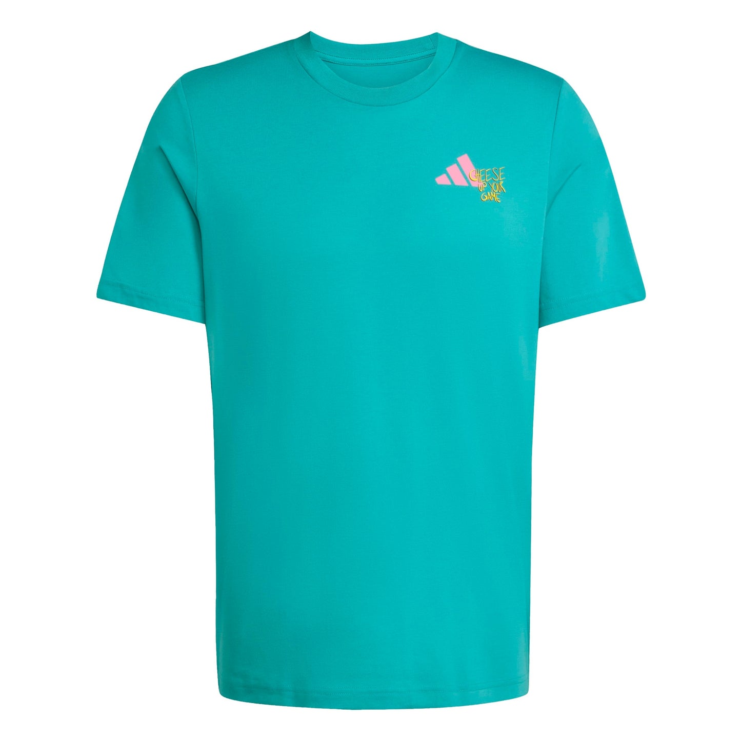 Teal t-shirt with a small logo on the chest against a white background