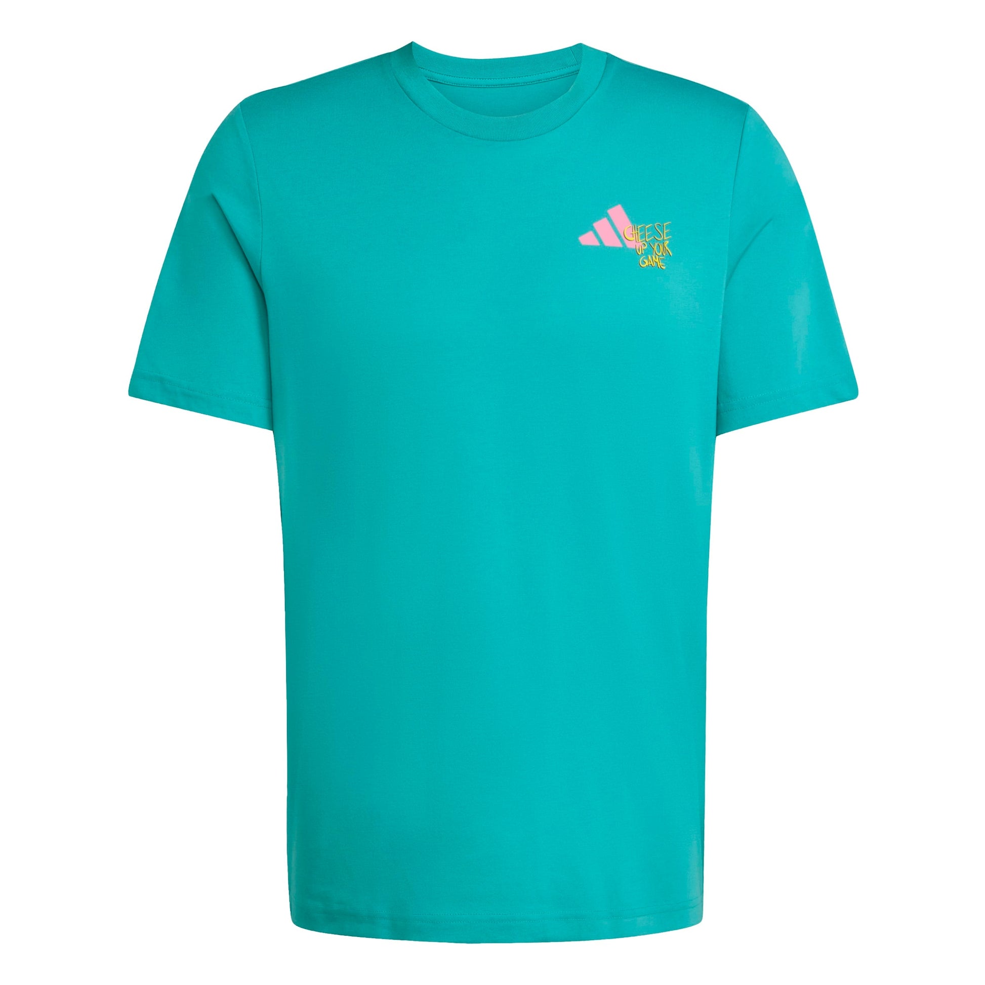 Teal t-shirt with a small logo on the chest against a white background