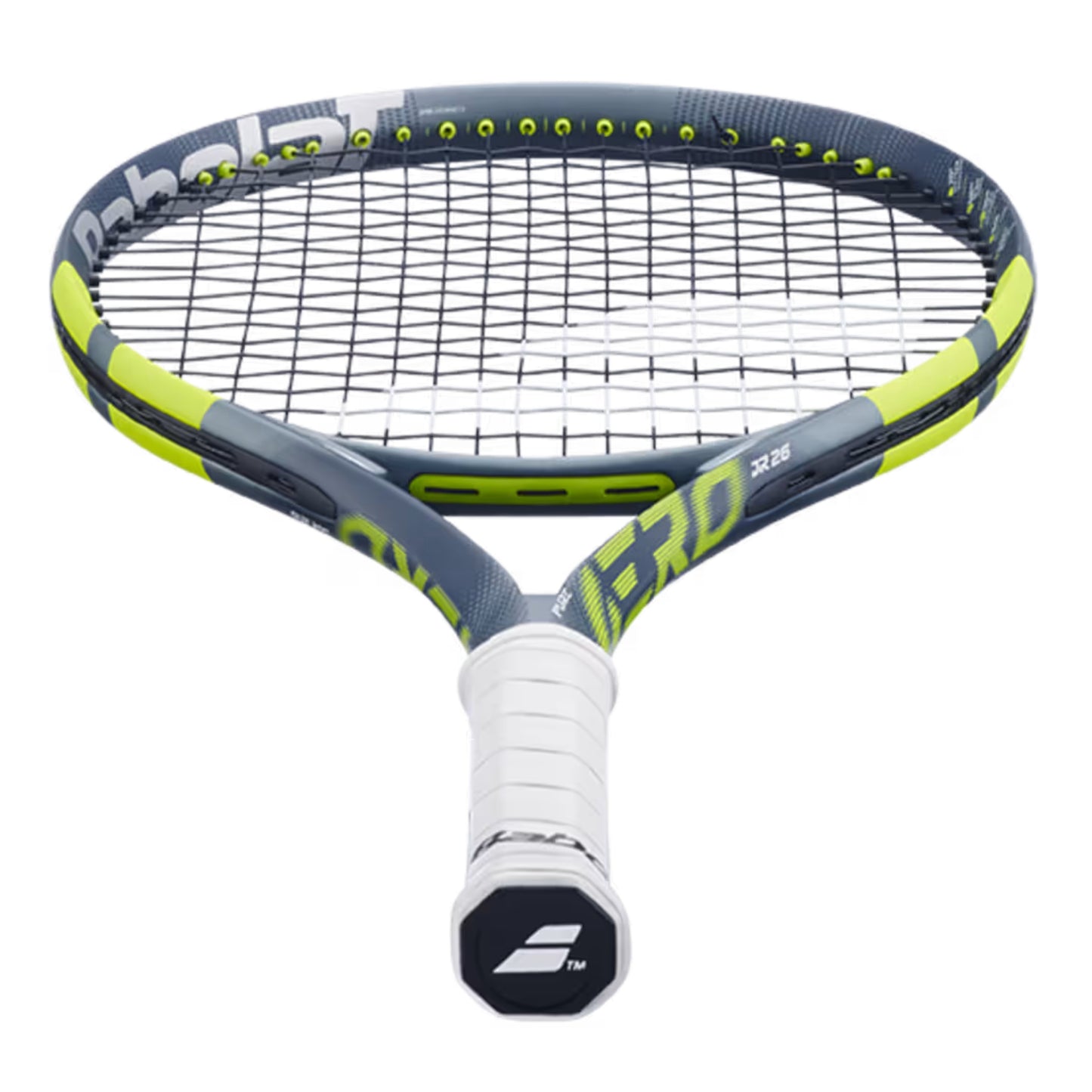 Babolat Tennis racket with green and gray design on a white background