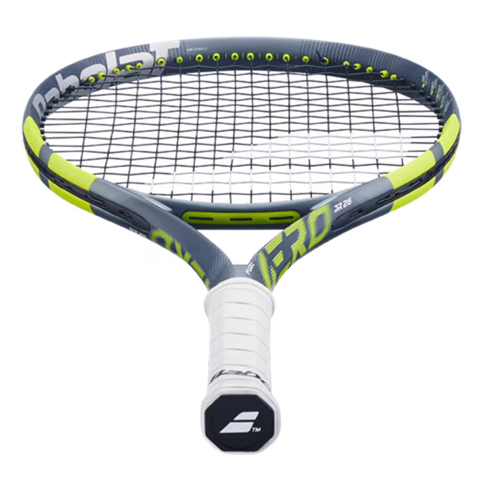 Babolat Tennis racket with green and gray design on a white background