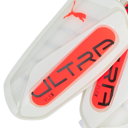 Puma Ultra FLEX shin guards with red and black branding on a white background