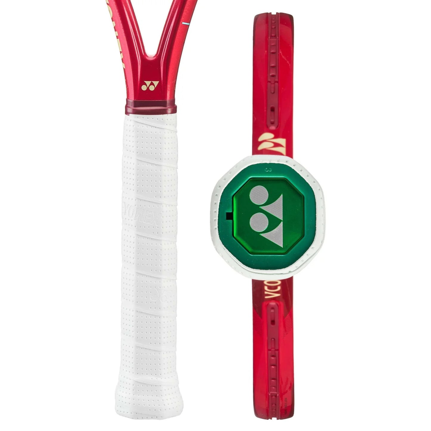 Red Yonex tennis racket with a white handle on a white background