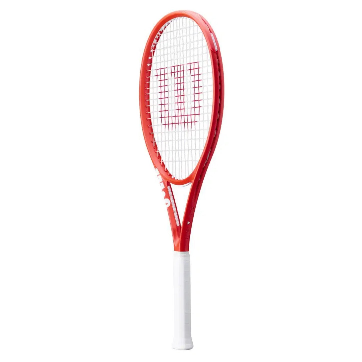 Red tennis racket with white handle on a white background
