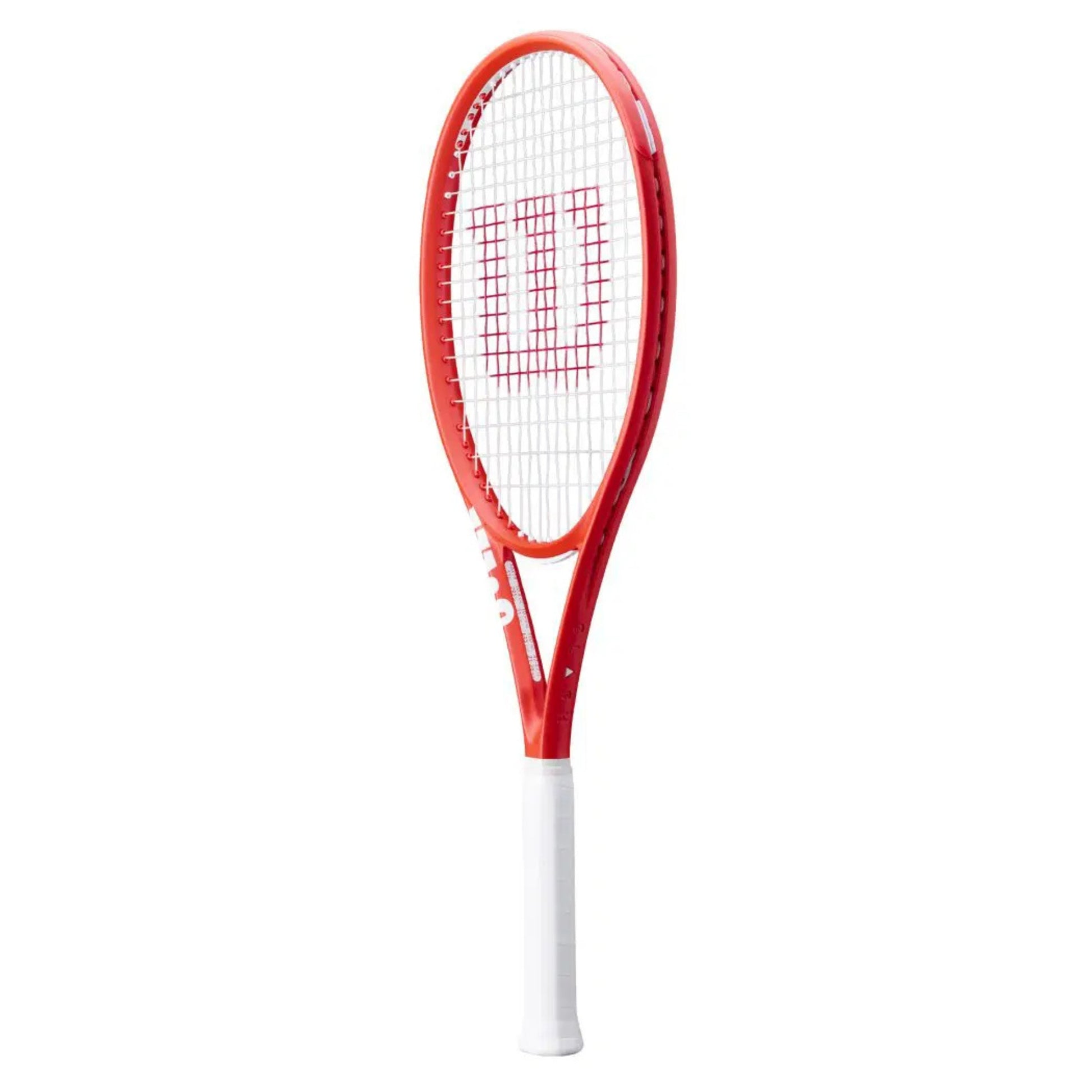 Red tennis racket with white handle on a white background