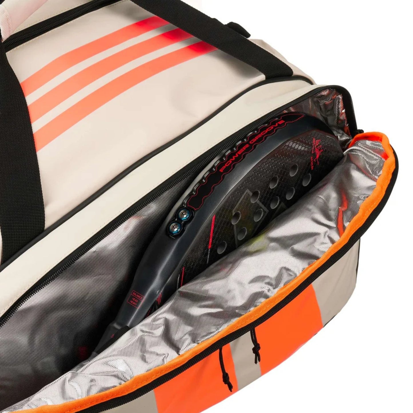 Open tennis bag with orange and black interior, showing a tennis racket inside.