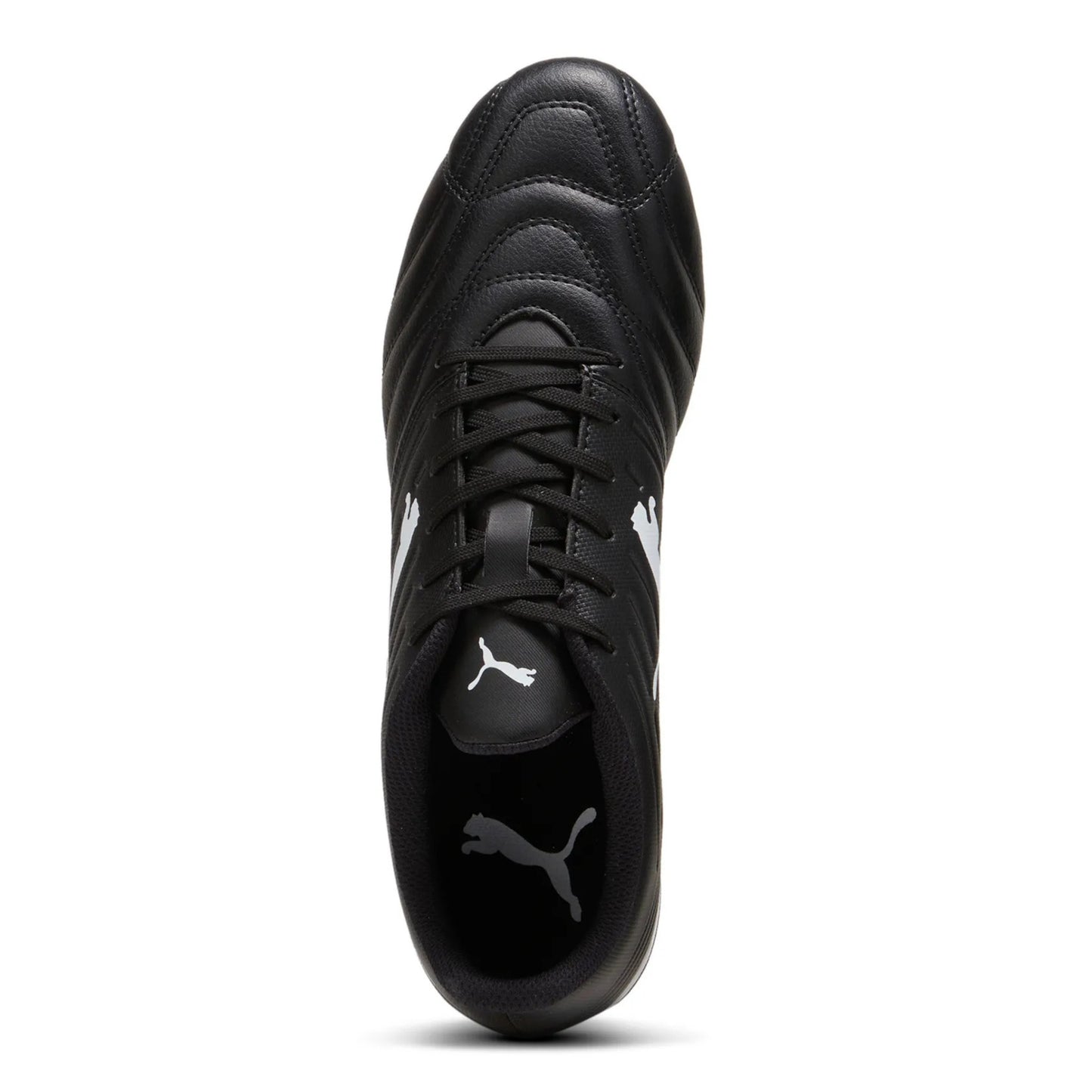 Top view of black rugby boot with white logo on a white background
