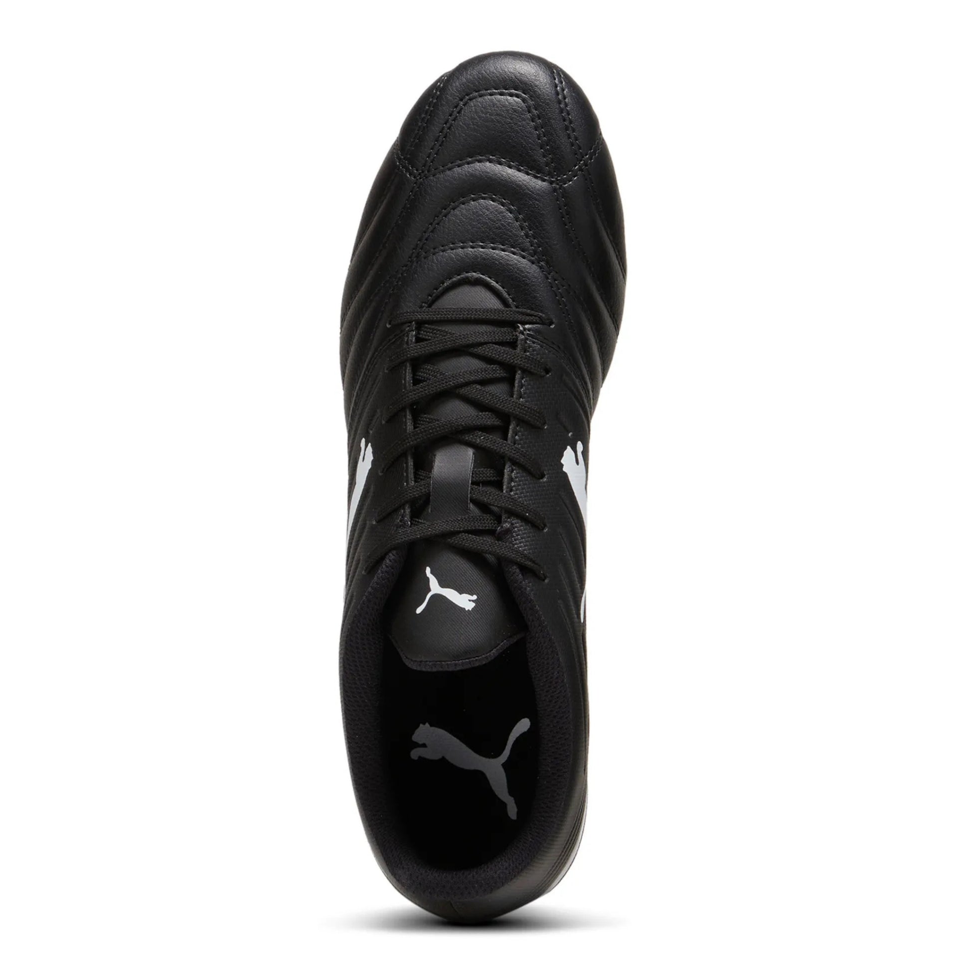 Top view of black rugby boot with white logo on a white background