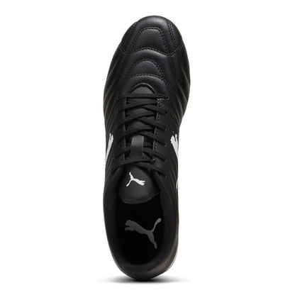 Top view of black rugby boot with white logo on a white background