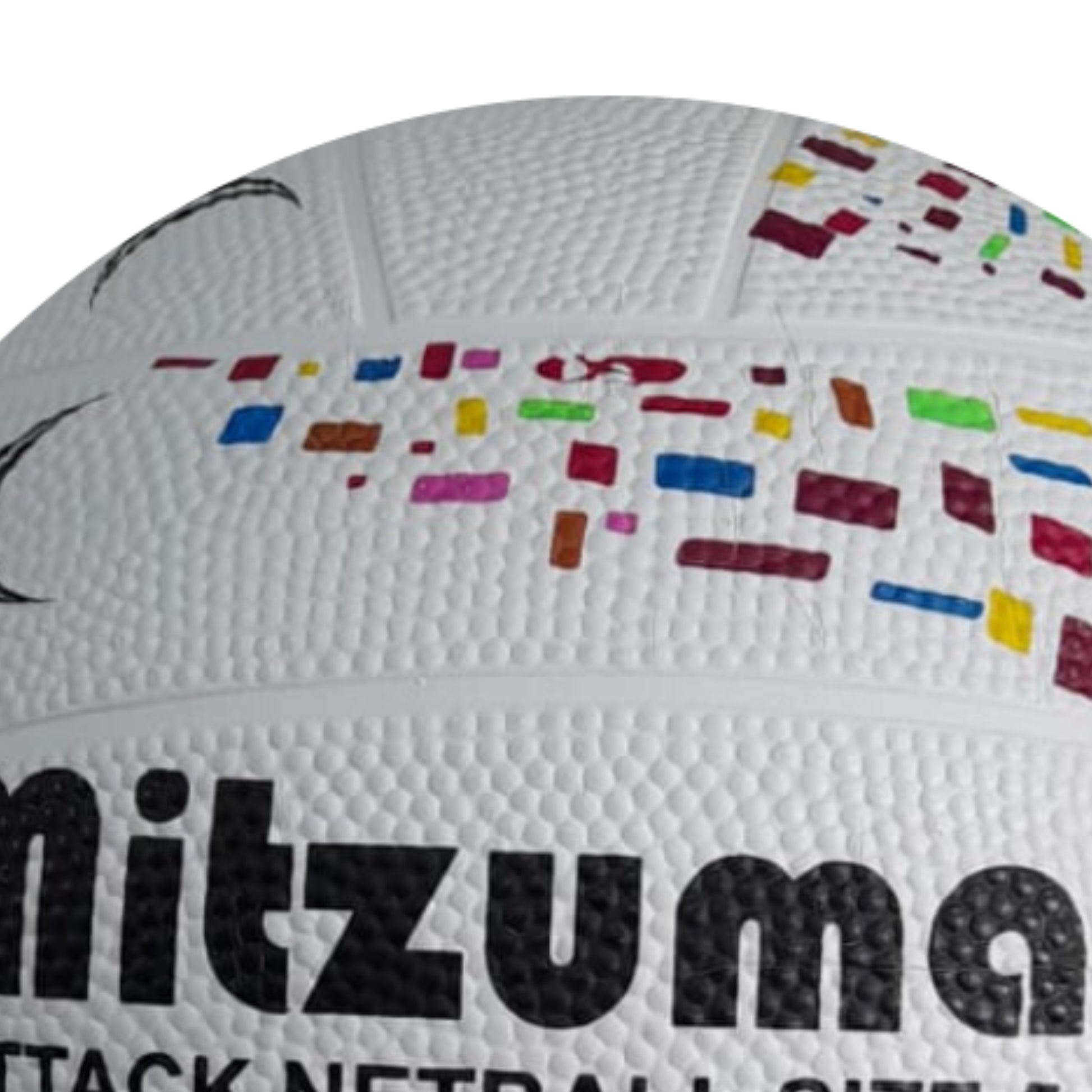 White netball with colorful patterns and 'Mitzuma' branding on a white background