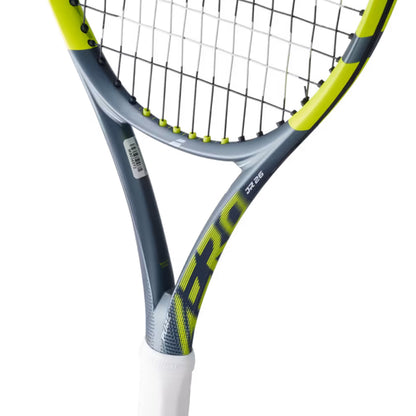 Babolat Tennis racket with a close-up of the strings on a white background