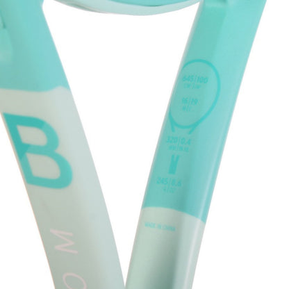Close-up of a light blue and white tennis racket with branding on a white background