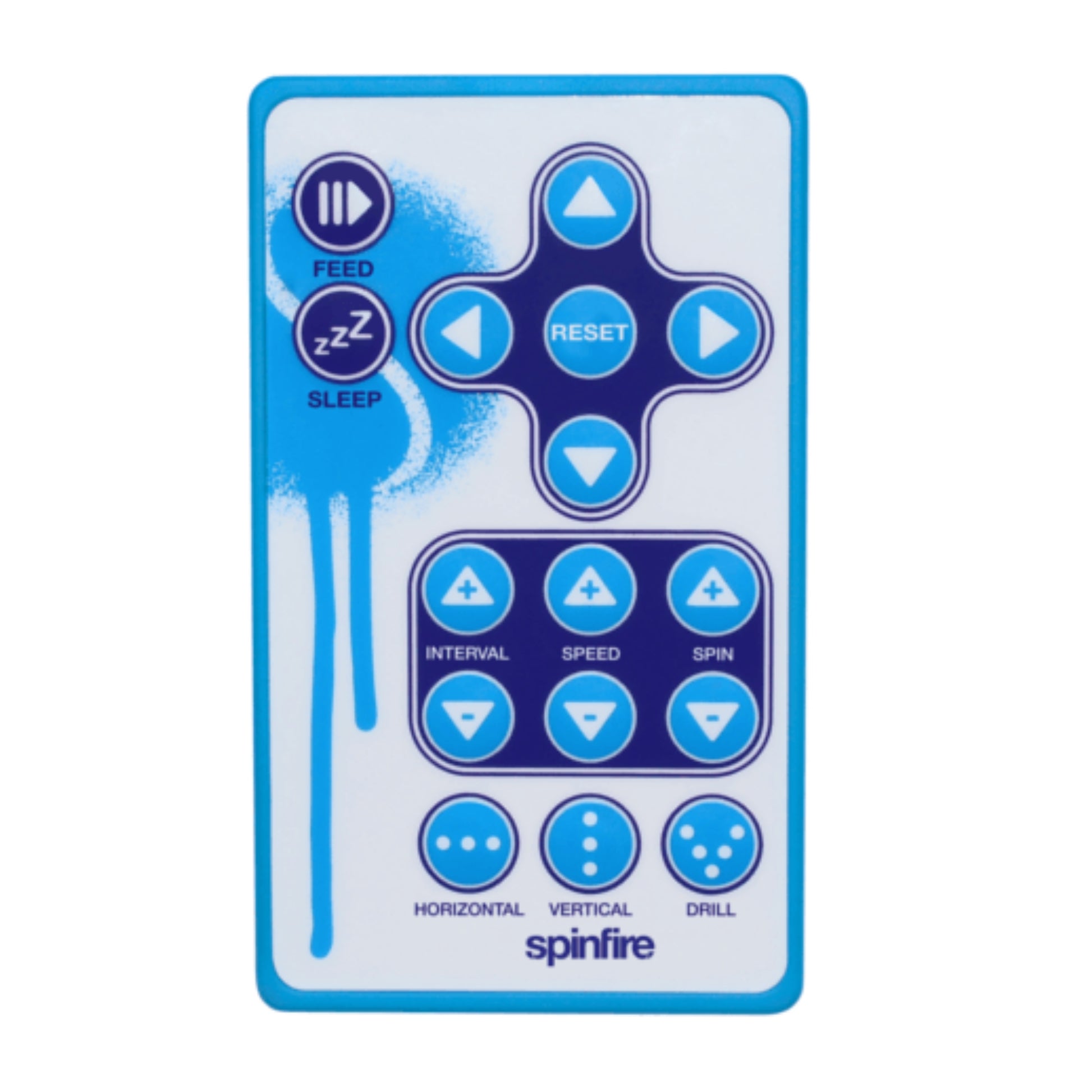 Blue and white remote control with various buttons on a white background