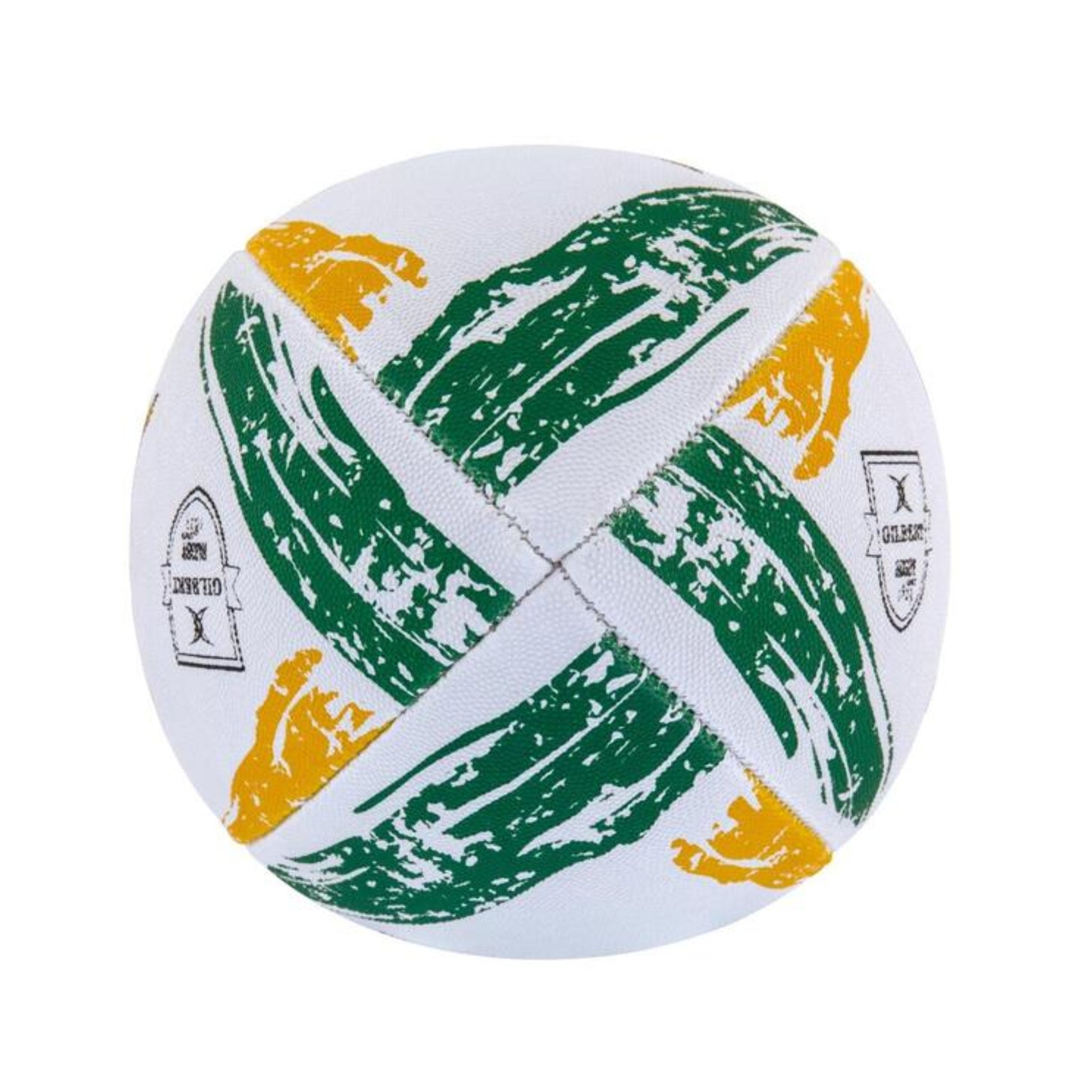 White rugby ball with green and yellow patterns on a white background
