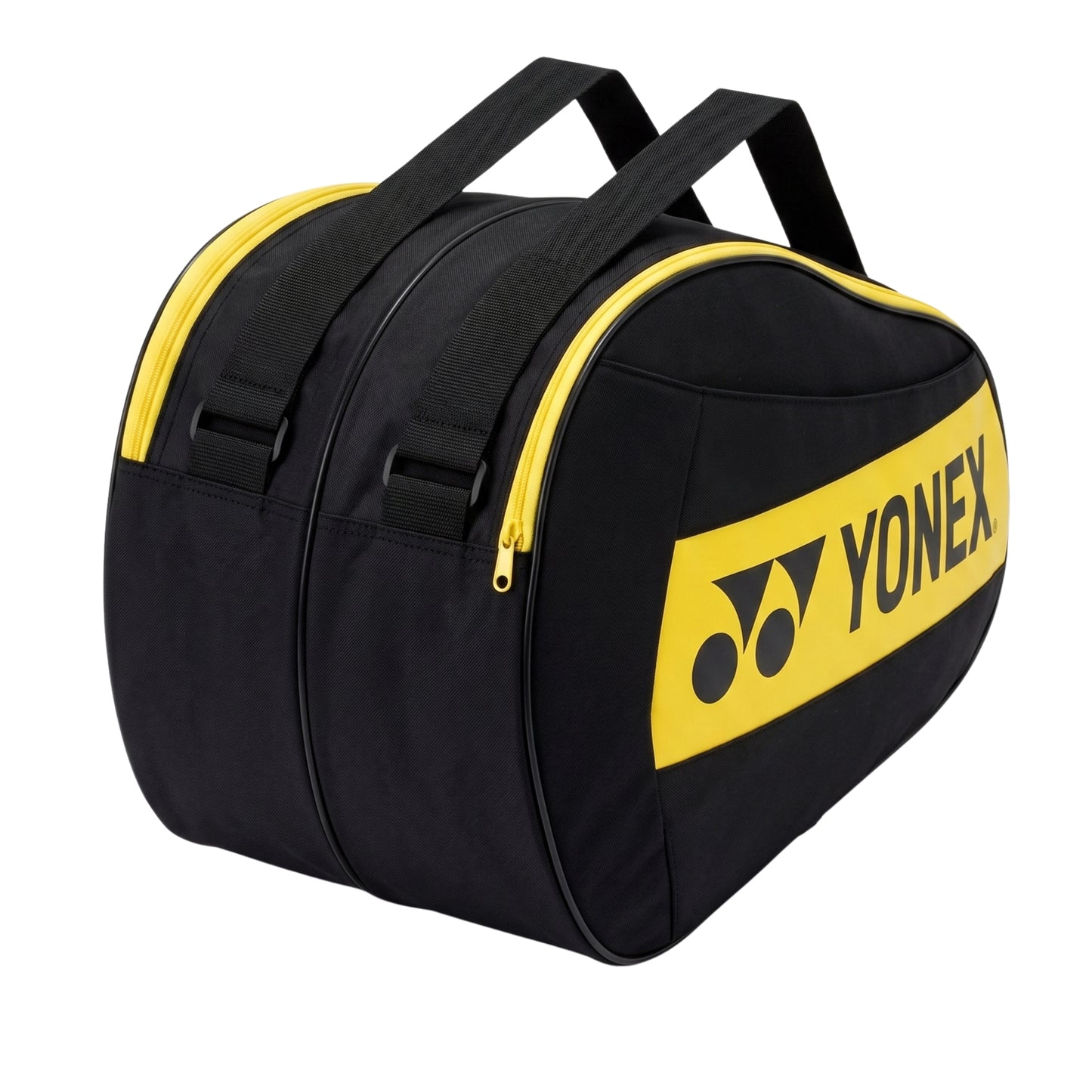 Black and yellow Yonex tennis racket bag on a white background