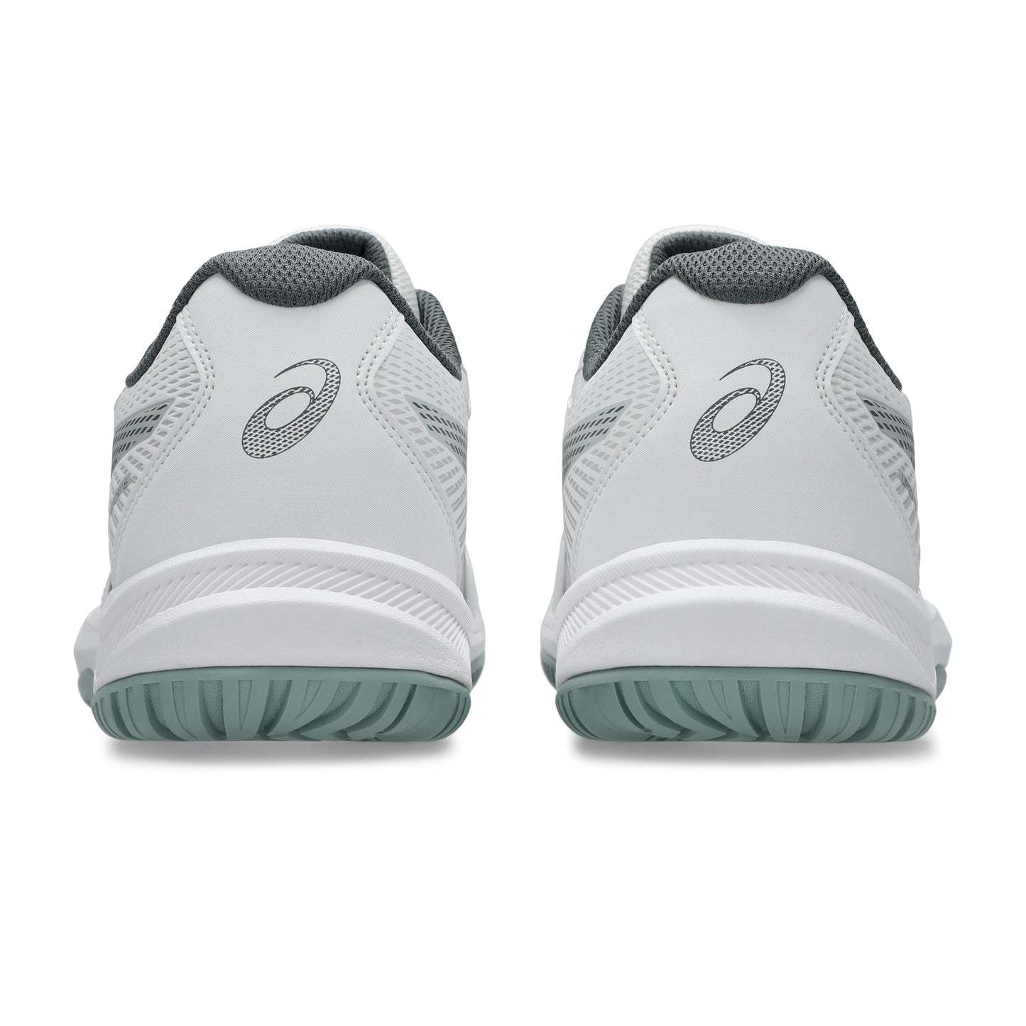 A pair of Asics squash shoes shown from the rear, featuring a white mesh upper with gray details, a gray logo, and a muted sage green outsole.
