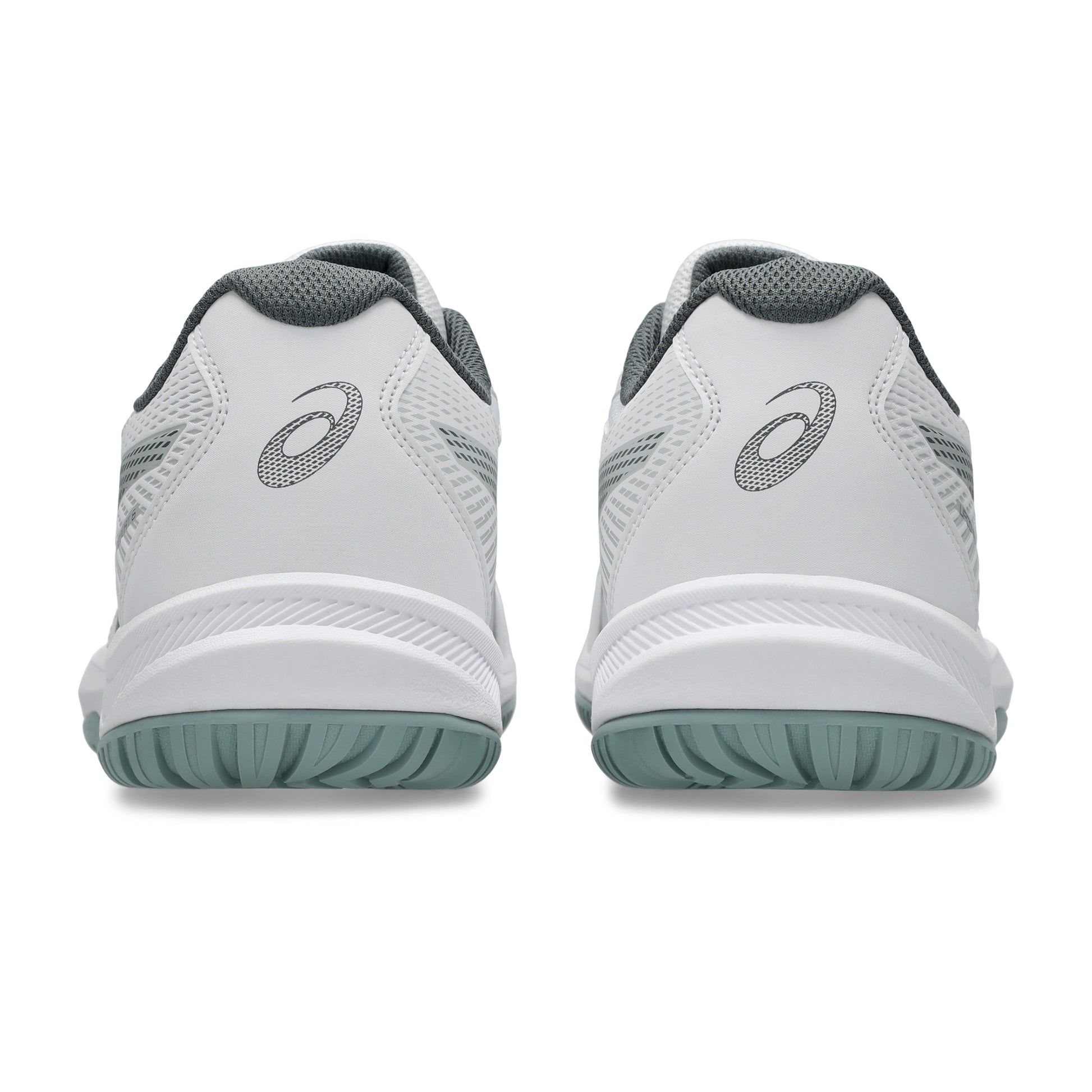 A pair of Asics squash shoes shown from the rear, featuring a white mesh upper with gray details, a gray logo, and a muted sage green outsole.