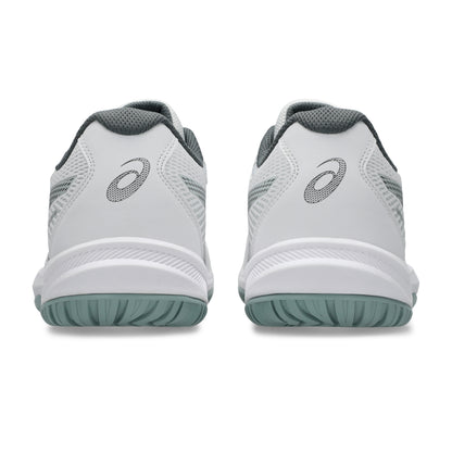 A pair of Asics squash shoes shown from the rear, featuring a white mesh upper with gray details, a gray logo, and a muted sage green outsole.