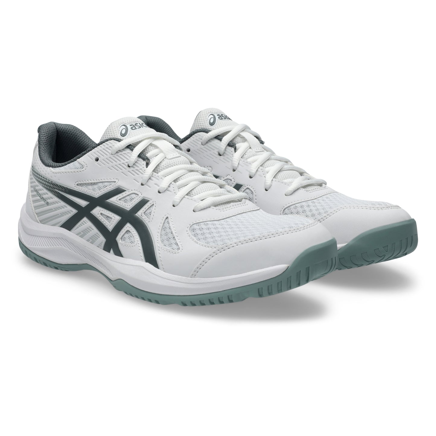 A pair of Asics squash shoes in white with dark gray accents and a muted green sole, shown on a clean white background.