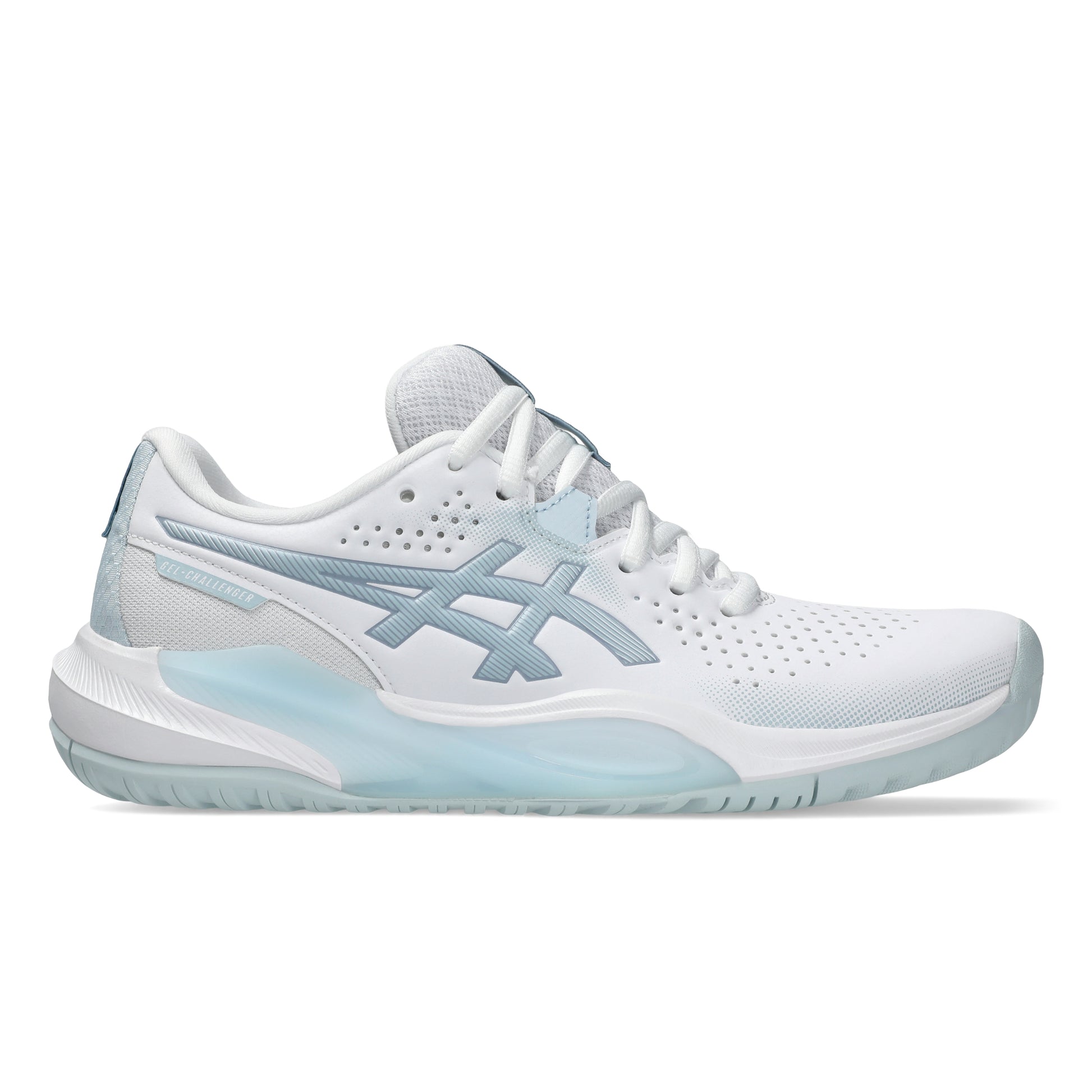 White and light blue tennis shoe on a white background