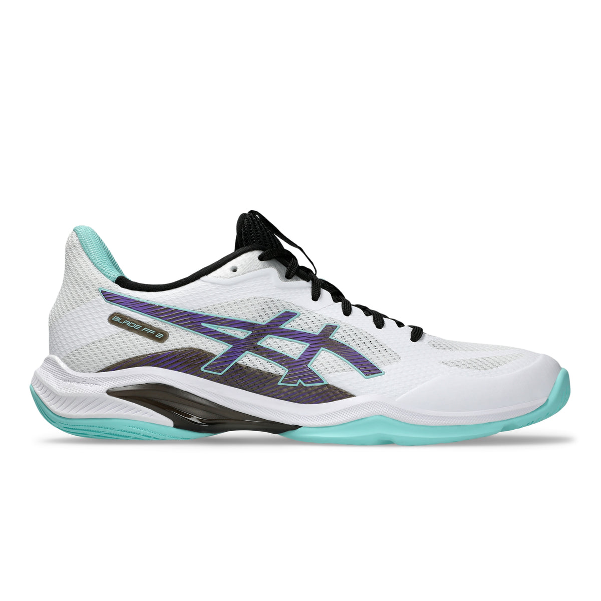 ASICS BLADE FF 2 tennis shoe in white with purple and black accents, featuring a light teal outsole, shown in a side profile on a white background.