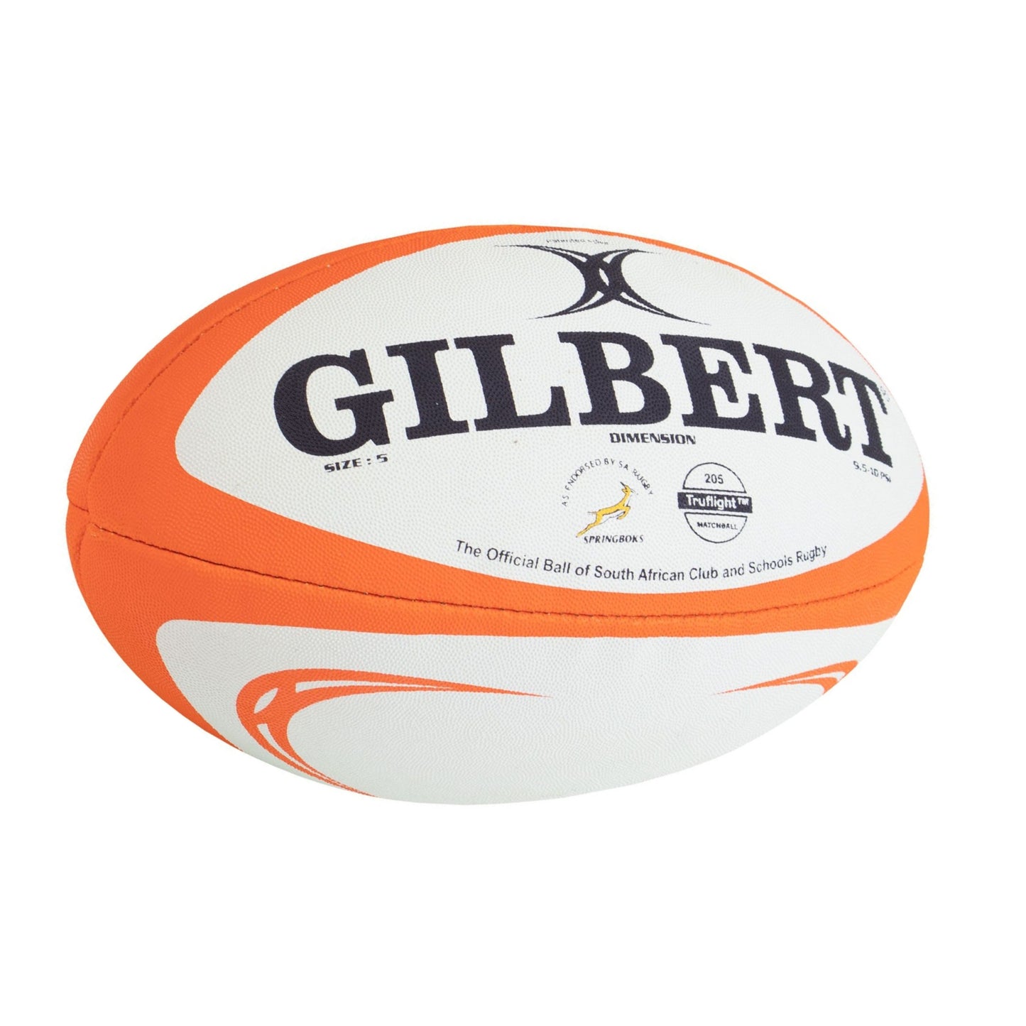 Orange and white rugby ball with 'Gilbert' branding on a white background